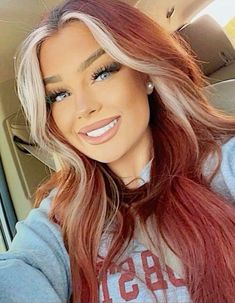 Red Fall Hair With Money Piece, Red Hair With Platinum Money Piece, Red And Blonde Money Piece, Bright Red Hair With Blonde Money Piece, Blonde Money Piece Red Hair, Red Hair With Blonde Front Pieces, Blonde Red And Brown Hair, Copper With Blonde Money Piece, Red With Blonde Money Piece