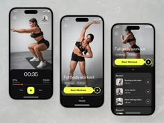 three cell phones showing the same workout program on their screens, one with an image of a woman doing squat exercises