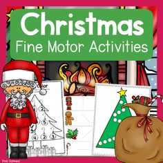 christmas fine motor activities with santa claus and other holiday themed items in front of a fireplace