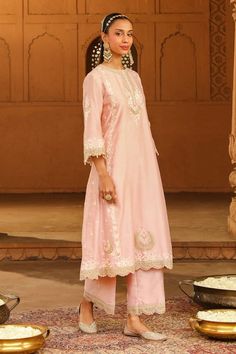 Blush pink silk chanderi A-line kurta with kashmiri tilla and parsi gara embroidery. Comes with palazzo and a silk organza dupatta. - Aza Fashions Elegant Pink Lawn Suit For Reception, Pink Embroidered Raw Silk Palazzo Set, Pink Raw Silk Palazzo Set With Straight Kurta, Pink Raw Silk Palazzo Set With Chikankari Embroidery, Pink Resham Embroidery Palazzo Set In Raw Silk, Pink Kurta With Chikankari Embroidery For Reception, Pink Chikankari Embroidery Kurta For Reception, Elegant Embroidered Pink Palazzo Set, Elegant Pink Lawn Suit For Navratri