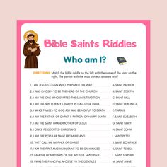 a pink poster with the words bible saints riddles who am?