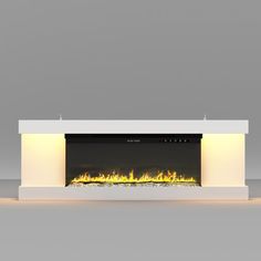 an electric fireplace with the lights on and no flame in it, against a gray background