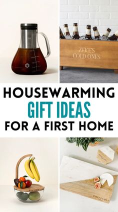 four pictures with the words housewarming gift ideas for a first home