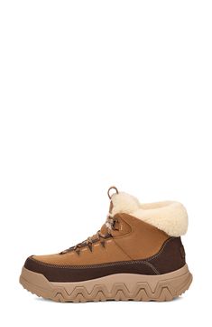 This incredibly comfy boot serves up timeless chilly-season style with it's soft fleece lining and waterproof membrane. It's lined with UGGplush, a moisture-wicking textile made from a wool-rich blend but crafted to feel and wear like genuine shearling, while the sole is partially sourced from renewable sugarcane. 2 1/2" heel; 1 1/2" platform (size 8.5) 4 1/2" shaft Waterproof: protects against rain, puddles and slush to keep feet dry in wet conditions Lace-up style Cushioned footbed Gusseted to Winter Outdoor Waterproof Shearling Boots, Winter Shearling Waterproof Boots For Outdoor, Winter Waterproof Shearling Boots For Outdoor, Shearling Waterproof Boots For Winter Outdoors, Casual Brown Boots With Plush Lining, Outdoor Insulated Shearling Boots, Brown High-top Shearling Boots, Rugged Outdoor Shearling Boots, Rugged Shearling Boots For Outdoor