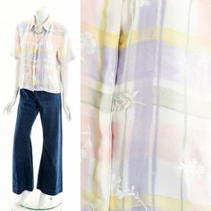 "- pastel plaid and white floral printed blouse - short sleeves - front button closure Fits like:  Medium-Large Material:  Polyester Condition:  Excellent Clipped on Mannequin:  No ✂ SIZE + FIT ✂ Length: 22\" / 56 cm Shoulders, seam to seam: 17\" / 43 cm Sleeve Length: 11\" / 28 cm Bust: 44\" / 112 cm Waist: 42\" / 107 cm All measurements are taken with garment lying flat. ALWAYS refer to measurements as vintage sizes run can vary greatly from today's modern sizes. We recommend comparing measurements above with a similar style garment you own for best fit before purchasing.  DRESS FORM / MANNEQUIN is wearing the size detailed above but she typically measures a size 4/6 by modern retail sizes or a general size small. Belt Accessories and other clothes are NOT included. ▲▲All Garments Have B Vintage Plaid Spring Tops, Vintage Patchwork Multicolor Blouse, Plaid Button-up Spring Blouse, Spring Plaid V-neck Blouse, Multicolor Patchwork Button-up Blouse, Cotton Voile Dress, Small Belt, Pastel Plaid, Voile Dress