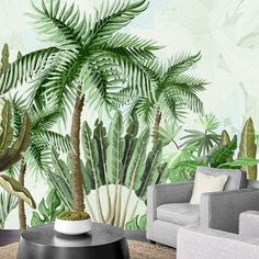 a living room with couches, chairs and a palm tree mural on the wall