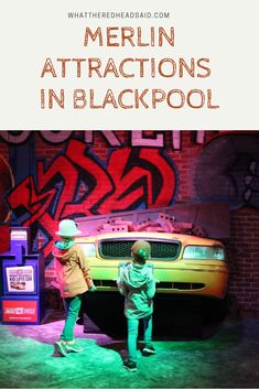 two children standing in front of a car with the words merlin attractions in blackpool