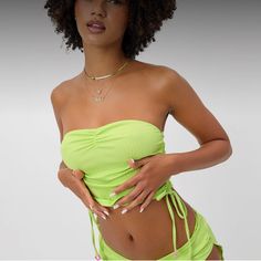 New Without Tags Neon Green Frankie’s Bikini’s Tube Top Style With Skirt Style Bottom Green Stretch Crop Top For Beach Season, Fitted Tube Top For Poolside Beachwear, Spring Beach Crop Top With Drawstring, Strapless Tops For Beach Vacation, Stretch Beachwear Tube Top For Poolside, Stretch Tube Top For Poolside Beachwear, Green Strapless Stretch Swimwear, Trendy Vacation Tankini, Fitted Tube Top For Poolside Summer