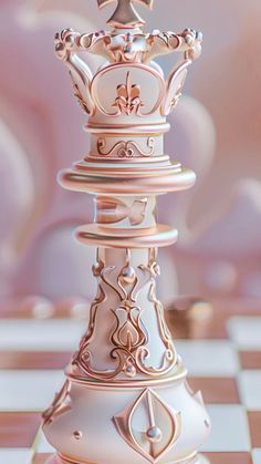 a white and gold colored chess piece on a checkered tablecloth with pink background