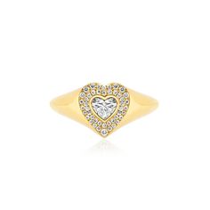 Set with 0.50 carats of bright, white diamonds, our Diamond Heart Signet Ring with Heart-Cut Diamond center is our updated take on the classic statement style ring. A symbol of love, this diamond encrusted signet ring is sure to become a treasured heirloom. Ring Size: 6.5 Carat Weight: 0.50cts Center heart-cut diamond: 0.25cts Heart measures 9.25mm x 10.10mm Custom sizes available upon request. Please email shop@jennifermeyer.com Made with love in Los Angeles Complimentary gift wrapping provided Heart-shaped Yellow Gold Diamond Ring With Center Stone, Brilliant Cut Diamond Heart Ring, Classic Diamond Heart Ring In Diamond White, Classic Diamond Heart Ring, Diamond Heart Ring With Vvs Clarity, Classic Heart-shaped Brilliant Cut Diamond Ring, Valentine's Day Classic Heart Ring With Diamond Accents, Classic Diamond Heart Ring With Brilliant Cut, Classic Diamond Heart Ring For Valentine's Day