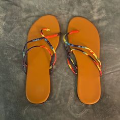 Brand New Colorful Sandals. Tried On For Photos. Adjustable Multicolor Flip Flops For Spring, Orange Flip Flops For Beach In Spring, Colorful Adjustable Sandals For Spring, Colorful Sandals, Colored Sandals, Lady In Red, Women's Shoes Sandals, Red Blue, Red And Blue