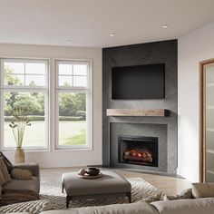 a living room with a couch, coffee table and tv above the fireplace in it