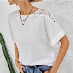 Shein Guipure Lace Insert Batwing Sleeve White Tee Small Lace Detail On Right Shoulder Semi Sheer Material Shoulder 28" Length 21.5" Bust 38.6" Batwing Short Sleeves Slight Stretch 95% Polyester 5% Elastane Ask Any Questions Before Purchasing Casual Cotton T-shirt With Lace Trim, White Crew Neck Top With Lace Trim, White Lace Trim Crew Neck Top, White Crew Neck T-shirt With Lace Trim, Casual T-shirt With Lace Trim For Spring, Crew Neck Cotton Knit Top For Vacation, Cotton Crew Neck Knit Top For Vacation, Casual Blouse With Lace Trim And Relaxed Fit, Casual Lace Top Crew Neck Blouse