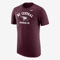 This North Carolina Central T-shirt delivers comfort while boasting your school loyalty. A soft blend of fabric will make this your next go-to layer as you cheer on the Eagles. Sporty University Logo T-shirt With Crew Neck, Nike Cotton T-shirt With Team Logo, Casual Cotton T-shirt With University Logo, University Logo T-shirt For Sports Season, Nike College Fan Apparel T-shirt, Nike Tri-blend Sports T-shirt, Nike Cotton Fan Apparel T-shirt, Nike Cotton T-shirt With Team Spirit Style, Nike Team Spirit Cotton T-shirt