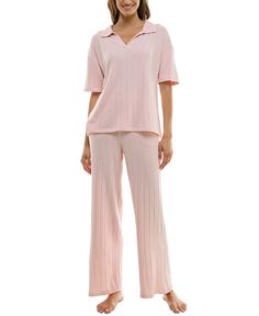 in stock Pink V-neck Sets For Pajama Party, Spring Lounging V-neck Sets, Spring Lounging Sets With V-neck, V-neck Spring Pajama Party Sets, Pink V-neck Pajama Party Set, Spring Collared Loungewear Bottoms, Matching Sleep Set With Long Pants, Matching Sleepwear Set With Long Pants, Relaxed Fit V-neck Loungewear Set