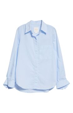 This classically crisp cotton shirt features a hidden-button placket and slightly curved back hem. Spread collar Long sleeves with button cuffs 100% cotton Dry clean Made in the USA of imported fabric Blue Colour Shirt, Baby Blue Shirt, Baby Blue Dresses, Blue Button Up Shirt, The Boyfriend, Blue Shirt Dress, Light Blue Shirts, Curved Back, Suit Style