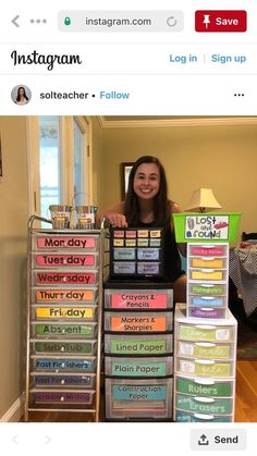 a woman standing in front of a stack of plastic containers with labels on the bottom