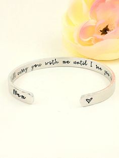 "I am sorry for your loss!💗 Personalized Sympathy Gift Memorial Cuff Bracelet to Honor a Loved One who has passed. Simple, but touching with the words handstamped \"I will carry you with me until I see you again\" This is a precious way to carry on your angel's memory and legacy. By wearing a remembrance bracelet, you have a little reminder of the precious love and happy memories your loved one brought to your life. It is as though you can bring your loved one with you every day. Through those Meaningful Personalized Bracelets For Valentine's Day, Meaningful Bracelets For Personalized Valentine's Day Gift, Meaningful Bracelets For Valentine's Day Personalized Gift, Meaningful Promise Bracelet For Mother's Day, Engraved Meaningful Bracelets For Valentine's Day, Meaningful Name Bracelet For Mother's Day Gift, Personalized Bracelet As Gift For Mom, Meaningful Bracelets For Anniversary On Valentine's Day, Personalized Bracelets For Promise On Mother's Day