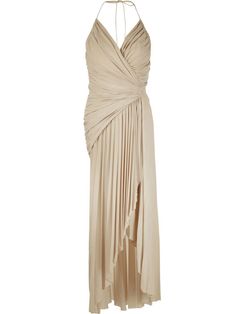 sand draped design gathered detailing asymmetric design halterneck tie fastening plunging V-neck concealed rear zip fastening long length Side Drape Dress, Drape Gown, Asymetrical Dress, Ooga Booga, Dystopian Fashion, April Wedding, Asymmetric Dress, Alexandre Vauthier, Designer Drapes