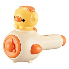 an orange and white toy duck floating in the air