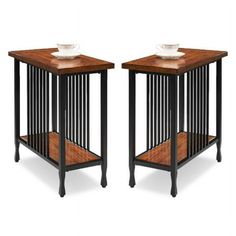 pair of side tables with wooden top and metal frame, one on the other side