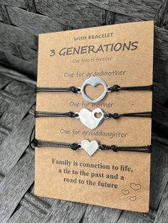 The bond between grandmother, mother and daughter is a bond that cannot be broken 👭 Share your love for the 3 generations of girls in your life, grandma, mom and granddaughter in this 3 piece jewelry set.  Great as a gift for birthdays, holidays, graduation, or for that special pick-me-up :)  💕 Material - Made of High-Quality Nylon Black Cord and charms 💕 Adjustable Size - The length is 4"-9", you can adjust the size through a sliding knot to fit even the largest or smallest of wrists 💕 Hear Personalized Black Heart Bracelet For Mother's Day, Adjustable Heart Bracelet For Mother's Day Birthday, Adjustable Heart Bracelet For Birthday And Mother's Day, Adjustable Heart Bracelet For Birthday Gift On Mother's Day, Heart Jewelry Set, Grandmother Jewelry, Mother Daughter Jewelry, Mother Daughter Bracelets, Love Girl