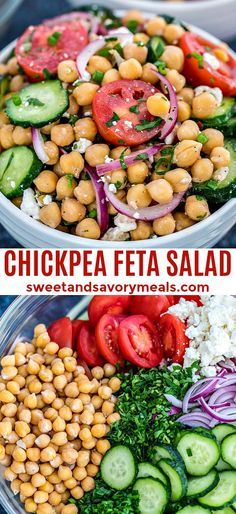 chickpea feta salad with tomatoes, cucumbers and onions