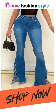 Blue Fashion Casual Solid Tassel High Waist Boot Cut Denim Jeans Casual Bottoms With Tassels For Fall, Blue Flare Jeans With Frayed Hem For Fall, Spring Denim Bottoms With Fringe, Trendy Summer Jeans With Fringe, Trendy Spring Bottoms With Tassels, Trendy Fringe Jeans For Summer, Trendy Fringed Summer Jeans, Casual Bottoms With Tassels, Spring Denim Bottoms With Tassels