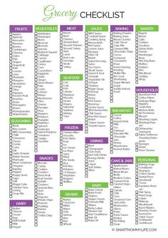 a printable grocery checklist is shown in purple and green