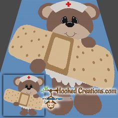 a cross stitch teddy bear holding a large piece of bread with a monkey on it