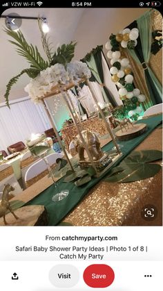 the table is set up with gold sequins and greenery for an elegant party