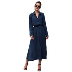 Navy Blue Button Down Split Maxi Shirt Dress Casual Blue Belted Maxi Dress, Casual Single Breasted Shirt Dress For Work, Casual Single-breasted Shirt Dress For Work, Blue Belted Button-up Dress, Elegant Blue Shirt Dress For Day Out, Chic Blue Midi Shirt Dress, Single Breasted Shirt Dress For Office, Elegant Blue Maxi Dress With Button Closure, Blue Button-up Midi Dress For Office