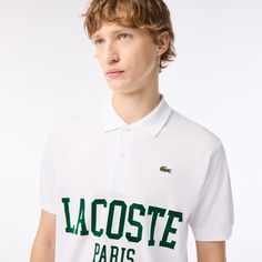 Lacoste presents an updated take on the Original L.12.12 polo, the very first model created in 1933. Packed with classic Lacoste details, including piqué fabric, a polo collar and a chic button band. The XL signature print on the chest adds a bold twist. Classic Collared Polo Shirt With Logo, Classic Collared Tops With Logo Print, Classic Collared Top With Logo Print, Classic Polo Collar Top With Logo Print, Lacoste Polo, Polo Shirt White, Lacoste Men, Signature Print, Mother Of Pearl Buttons