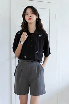 Butterfly Embroidered Button Up Shirt – Tomscloth Casual Embroidered Collared Tops, Casual Embroidered Collared Shirt, Embroidered Black Collared Shirt, Black Embroidered Collared Shirt, Black Embroidered Top With Collar, Casual Embroidered Collared Blouse, Casual Collared Blouse With Embroidery, Black Tops With Collared Neckline And Buttons, Black Tops With Buttons And Collared Neckline