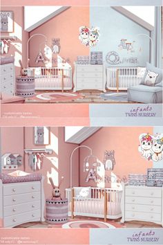 two pictures of a baby's room with pink walls and furniture, including a crib