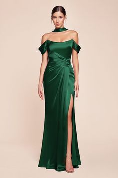 The fitted Emerson Gown features a stunning sweetheart off-the-shoulder design with a gathered hipline and an elegant leg slit, crafted from luxe satin. The structured boned bodice provides excellent support, while the lace-up corset back can drape around the neck for a unique twist. Perfect for bridesmaids, wedding guests, or formal events, this dress combines sophistication and allure effortlessly. Make a statement at your next occasion with this exquisite gown! Fitted Luxe Satin Gown Sweethea Fitted Gown, Fitted Gowns, Satin Evening Gown, Colorful Dresses Formal, Cinderella Divine, Lace Up Corset, Satin Evening Dresses, Corset Back, Usa Dresses