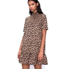 New With Tags. Zara Leopard Print Mini Dress With High Collar And Short Sleeves. Ruffled Hem Beige Short Sleeve Mini Dress For Fall, Beige Mini Dress With Short Sleeves For Fall, Brown Mini Dress With Short Sleeves For Fall, Brown Short Sleeve Mini Dress For Fall, Zara Leopard Print Mini Dress For Spring, Chic Knee-length Leopard Print Mini Dress, Brown Short Sleeve Midi Dress For Date Night, Zara Chic Mini Dress In Leopard Print, Chic Zara Mini Dress In Leopard Print