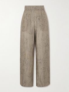 Brunello Cucinelli's pants are cut from fluid silk-satin printed with an artfully sketched floral motif and have relaxed, wide legs that flutter with every step. Wear yours with a simple tank or the matching shirt. Brunello Cucinelli Women, Sports Skirts, Brown Silk, Knitwear Tops, Wide Legs, Matching Shirts, Brunello Cucinelli, Jeans Dress, Skirt Top