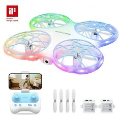 the remote controlled flying toy is shown with four different colors and features, including one controller