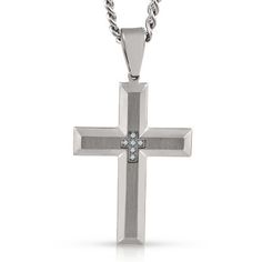 Diamond Men's Cross Necklace in Stainless Steel, 24", available at #HelzbergDiamonds Stainless Steel Jewelry With Diamond Accents, Silver Cross Necklace With Curb Chain, White Gold Stainless Steel Cross Necklace, Tarnish Resistant Stainless Steel Cross Necklace, Stainless Steel Cross Necklace Tarnish Resistant, Tarnish Resistant Stainless Steel Cross Pendant Jewelry, Stainless Steel Cross Necklace With Curb Chain, White Gold Stainless Steel Cross Pendant Necklace, Modern Stainless Steel Cross Jewelry