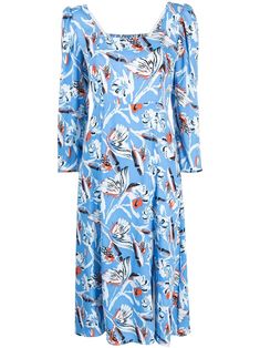 blue/multicolour all-over floral print butterfly print square neck three-quarter length sleeves elasticated panelling flared straight hem Floral Azul, Dvf Diane Von Furstenberg, Midi Dress Blue, Print Butterfly, Blue Midi Dress, Butterfly Print, Cocktail Dress Party, Diane Von, Von Furstenberg