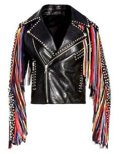 #New #Black #Color #Genuine #Leather #Multi #Color #Fringes #Silver #Studded #Biker #Jacket #slim #smart #handmade #genuine #partywear #style #unique #studwork Shearling Jacket Women, Studded Leather Jacket, Studded Jacket, Trench Coats Women, Leather Jacket Black, Biker Style