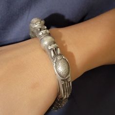 "c1890 Antique Chinese Silver Dragon Link Bracelet. Really nice solid silver (80% or more) Chinese link bracelet. It has a revolving ball in the center that threads in the other end. Very ingenious from a guaranteed over 100 year old bracelet. No significant issues, illegible Character stamp. Approximately 7\" inside diameter 38.4 grams, guaranteed late 19th to very early 20th century." Antique Sterling Silver Adjustable Bracelet, Unique Antique Silver Bracelet With Oxidized Finish, Unique Antique Silver Bracelets With Oxidized Finish, Formal Antique Silver Bracelets, Ornate Hallmarked Sterling Silver Bracelet, Antique Adjustable Sterling Silver Bangle Bracelet, Silver Vintage Bracelets With Antique Finish, Adjustable Antique Sterling Silver Bangle, Adjustable Antique Sterling Silver Bangle Bracelet