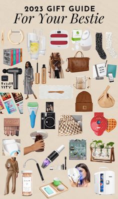 a woman's hand holding a brown purse surrounded by various items and text that reads, 2013 gift guide for your bestie