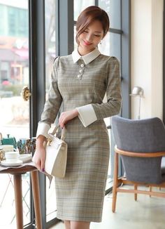 Dresses To Wear To Work, Official Dresses, Korean Fashion Outfits, Collared Dress, Korean Fashion Women, Korean Fashion Trends, Wear To Work, Fashion Design Clothes