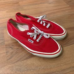 Good Condition Not Sure If Wearable, But Surely A Collectors Piece Condition As Shown In Pictures Vintage Vans Made In Usa Red Canvas Shoes Skate Low Lace Up Shoes Size Us 5.5 No Original Box Red Slip-on Canvas Shoes With Rubber Sole, Retro Red Sneakers With Rubber Sole, Red Retro Sneakers With Rubber Sole, Classic Red Vans Sneakers, Red Slip-on Canvas Shoes With Vulcanized Sole, Retro Red Vans Sneakers, Vintage Red Sneakers With Vulcanized Sole, Vans University Red Lace-up Sneakers, Red Vintage Sneakers With Vulcanized Sole