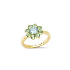 Our Petite Statement Mint Tourmaline Flower Ring with Aquamarine Center is crafted in solid 18 karat yellow gold. A shot of color executed with the sweetest soft tones, this feminine ring is the perfect gift for you or a loved one. Timeless and striking all at once, this is sure to become your favorite accessory for every special occasion. Ring size 6.5 Mint Tourmaline Carat Weight: 0.89cts Aquamarine Carat Weight: 0.51cts Custom sizes available upon request. Please email shop@jennifermeyer.com Gold Gemstone Wedding Rings, Ocean Engagement Ring, Grad Presents, Senior Rings, Diamond Flower Ring, Green Aquamarine, Tourmaline Engagement Ring, Mint Flowers, Nice Nails