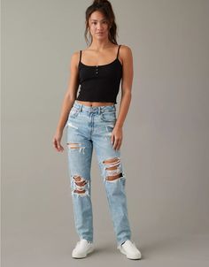 AE Strigid Ripped Mom Jean American Eagle Mom Jeans, Rip Mom, Ripped Mom Jeans, High Waisted Mom Jeans, Curvy Jeans, Mom Jean, Women Denim Jeans, American Eagle Jeans, American Eagle Outfitters Jeans