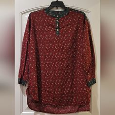 No Brand New No Tags Lightweight & Flowy Pullover Blouse Tunic Round Neckline 4 Button Long Sleeves Color: Burgundy Multi-Color Floral And Trim Dark Green Multi-Color Floral Unlined Size Bust 50" Shoulder To Shoulder 24" Sleeve Length From Neck To Cuff 32" Hi-Low Length 31"-35" Cotton Daywear Tunic Blouse With Buttons, Tunic Blouse With Buttons For Daywear, No Brand, Tunic Blouse, Green And Purple, Round Neckline, Tunic Tops, Multi Color, Sleeve Length