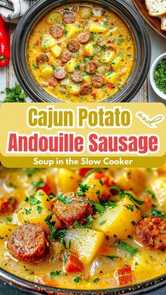 Easy Healthy Soup Recipes: Cajun Potato & Andouille Sausage Soup in the Slow Cooker Cajun Sausage And Potatoes Crockpot, Crockpot Recipes Andouille Sausage, Soup Recipes Smoked Sausage, Potato And Andouille Sausage Soup, Recipe Using Andouille Sausage, Creamy Cajun Potato Soup With Andouille, Soups With Sausage Crock Pots, Cajun Chicken Soup Crock Pot, Sausage And Potato Crockpot Recipes